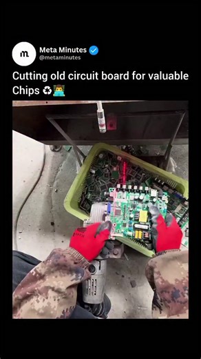 Meta Minutes on Instagram: "This video highlights the process of electronics recycling, focusing on how old circuit boards and motherboards are dismantled. It shows the careful cutting of printed circuit boards (PCBs) and the removal of various components for reuse. Viewers can see how electronic scrap is sorted, valuable metals are extracted, and reusable materials are separated. The process helps recover precious elements while reducing e-waste and environmental impact. By recycling electronic
