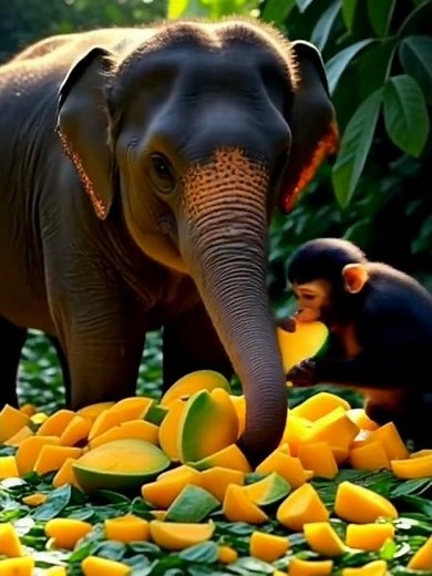 Adorable Elephant and Monkey Sharing Mangoes 🍌🐘 | True Jungle Friendship #wildlifeentertainment