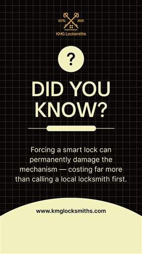 Did you know? Forcing a smart lock can permanently damage the mechanism — costing far more than calling a local locksmith first. Fast, non-destructive entry is nearly always possible. 📞 Get your FREE quote today at 07485 406 169 #SmartLocks #EmergencyLocksmith #HomeSafety #LockProblems #TrustedLocal | KMG Locksmiths