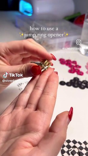How to use a jump ring opener! #jewelrymaking #jewelrytiktok #handmadejewellery #diyjewelry #jewelrytips #howto #fyp #polymerclayearrings #earringmaking