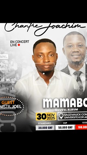 ✨ Biographie du Min Joel Conte : Chantre, Coach, et Leader Né à Conakry, en Guinée, et d'origine Sierra-Léonaise, Ministre Joel Conté est une figure engagée dans le ministère chrétien. Il excelle en tant qu'Évangéliste, Chantre, Enseignant, et Coach Spirituel dans le domaine musical, domaine où il est actif depuis l'âge de 11 ans. Son objectif primordial : gagner les âmes perdues à Christ grâce à l'expression de son talent et de son ministère. Fort d'une Licence en Administration des Affaires, J