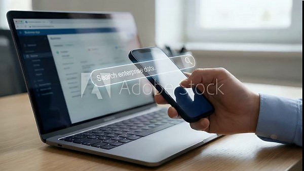 Close-up of a professional holding a smartphone above a laptop with a translucent search bar overlay, thumb lightly scrolling on the screen, slow steady push-in with natural daylight and shallow depth