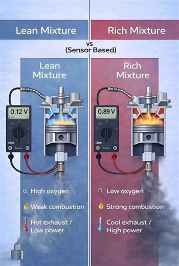Torque craft on Instagram: "Lean vs Rich mixture explained 🔥 Lean = more air, less fuel, low power, hot exhaust Rich = more fuel, strong combustion, high power Sensors keep the balance just right. #AirFuelRatio #LeanVsRich #EngineBasics #AutomotiveLearning #FuelMixture #Torquecraft #ForEducationalPurposesOnly"