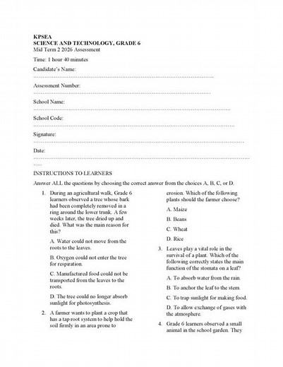 Grade 6 Science and Technology Mid Term 2 2026 Exam