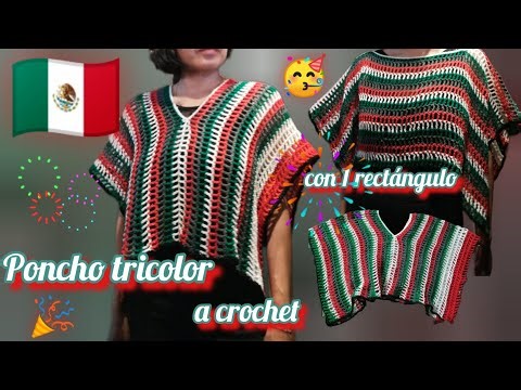 Poncho tricolor a crochet con 1 rectángulo (fácil y rápido de tejer) 🧶 👍 😉#crochet