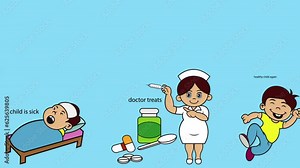 animated footage of a child who is sick,being treated by a doctor,and the child is cherful again