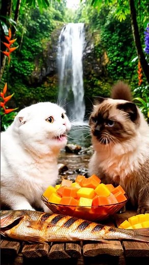 A Fluffy Scottish Fold and A Balinese Cat is Eating a giant whole grilled snapper (ASMR)