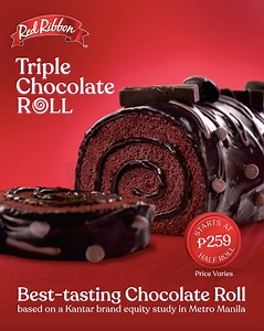 2.6K reactions · 213 shares | Delight in our Triple Chocolate Roll, the best-tasting chocolate roll (based on a Kantar brand equity study in Metro Manila)! Order your favorites via  https://redribbondelivery.com.ph  Red Ribbon App: bit.ly/RedRibbonApp  #87777 APPS: GrabFood and Foodpanda #RedRibbon #TripleChocolateRoll ASC REF NO. R099P012423RS | Red Ribbon Bakeshop | Facebook