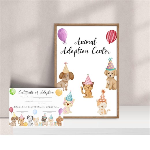 Adopt a Pet Sign and Certificate: Dogs and Cats Birthday Party (PDF) - Etsy
