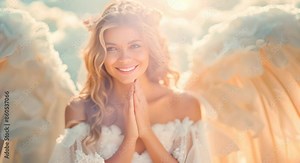 Artistic photography of a beautiful smiling angel with long hair, wearing a white off-the-shoulder dress, praying in front of the camera with beautiful wings behind her