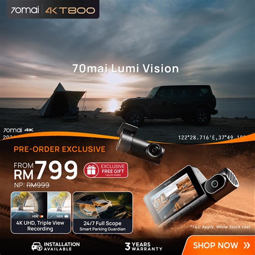 🚗💨 Drive smarter and safer with the NEW 70mai Dash Cam 4K T800! Packed with cutting-edge technology, this dash cam gives you Triple View, Dual 4K UHD recording, and a 24/7 Smart Parking Guardian — so you’re always protected on the road and off. ✨ Why choose the 70mai 4K T800? ✅ Dual 4K UHD – Crystal-clear footage, front and rear. ✅ Triple View Recording – Capture every angle with 3-channel HDR. ✅ Buffered Emergency Recording – Never miss critical moments. ✅ 24/7 Full Scope – Smart monitoring f