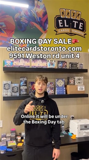Elitecardstoronto on Instagram: "BOXING DAY SALE 🥊 1 DAY ONLY 🙌🏼 50+ Items on SALE! head on ever to elitecardstoronto.com or visit us in store at 9591 Weston rd unit 4 open 11-8pm Big markdowns available ONLY for 1 DAY🔥 Check out the boxing day sales tab at elitecardstoronto.com to view our full boxing day sales! While quantities last! • • • • #sportscards #boxingday #sale #online #instore"