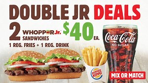 Double Up on deliciousness! Get not one but 2 Whopper Jr OR Chicken Crisp Sandwiches with 1 regular fries and drink for only $40. 📞 235-FOOD 📱 Download the Hello Food app 🖱 Visit www.hellofoodtt.com | Burger King Trinidad & Tobago