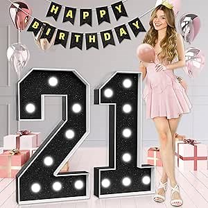 3FT Black Marquee Numbers 21, Light up Numbers 21st Birthday Decorations | Big Number 21 Light up Sign for Boy Girl 21 Year Old Decorations Party Backdrop Anniversary Numero 21, 34 Pcs Accessory Set