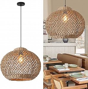 13.77" Woven Rattan Pendant Light,Hand-Woven Water Plants Rattan Chandelier 1-Light Boho Wicker Coastal Retro Ceiling Chandelier Lighting,for Kitchen Island Restaurant Craft Farmhouse