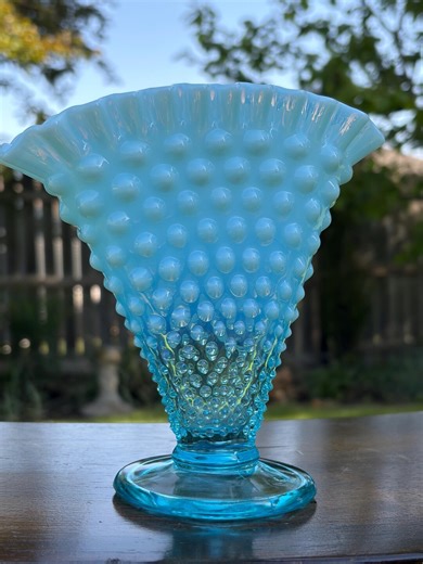 Vintage Fenton Aqua Blue Opalescent Hobnail Fan Vase - Etsy