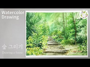 수채화 풍경그림 초록 숲 그리기 watercolor painting , aquareller, Drawing Forests , landscape, 그리기 과정 - 물고기아트 아뜰리에