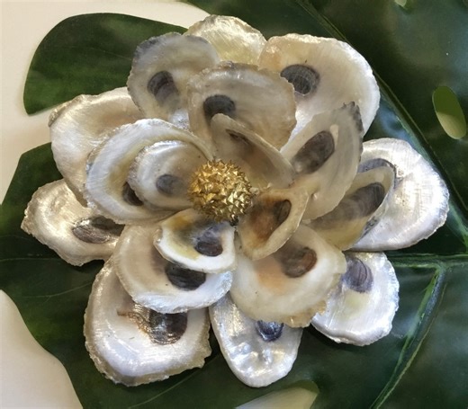 Handmade Oyster Shell Magnolia Blossom, Mother of Pearl Glaze, Gold Seed Accent - Etsy