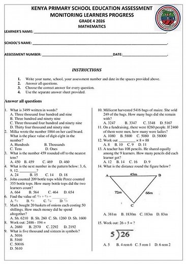 Grade 4 Mathematics Term 1 2026 Opener Exam with Marking Scheme