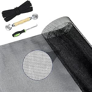 Window Screen Replacement with Rolling Tool Retainer Spline and Steel Hook, Durable Fiberglass Screen Roll, DIY Adjustable Screen Mesh for Windows Doors (59" x 106", Charcoal/Black)