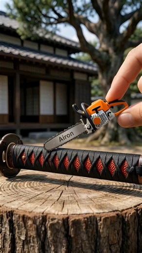 MY TINY CHAINSAW vs SAMURAI SWORD HANDLE 😳🪚 #shorts #oddlysatisfying