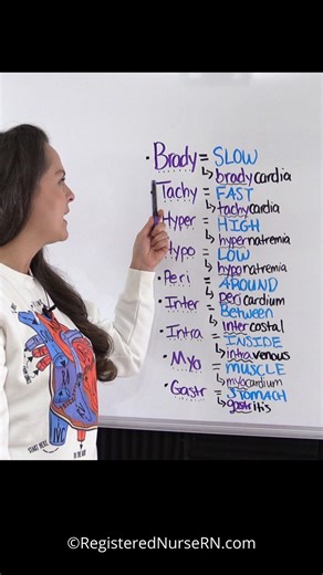 Nurse Sarah on Instagram: "Learning these nine nursing medical prefixes will make your life so much easier in nursing school. 1. Brady = slow 2. Tachy = fast 3. Hyper = high 4. Hypo = low 5. Peri = around 6. Inter = between 7. Intra = inside 8. Myo = muscle 9. Gastr = stomach Shirt is available at NurseSarah.com! #nursing #nursingschool #medicalterminology #nclex #nurse"