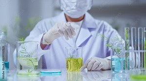 A template video with a lab backdrop shows a viewpoint of a scientist stirring solution with a tea tree inside, surrounded the table by some beakers, substances, test tubes, and natural ingredients.