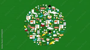 Digital marketing icons animation. Alpha channel. PNG+Alpha. Social media icons, rocket ship, bird, mail, smart phone, vr. Vector illustration. -stock footage
