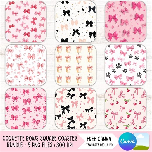 Coquette Bow Coaster PNG Bundle, Pink Ribbon Square Coaster Sublimation Designs, Girly Drink Holder PNG (digital Files) - Etsy
