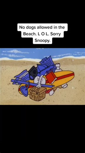 Snoopy goes to the beach, but the sign says, No dogs allowed.