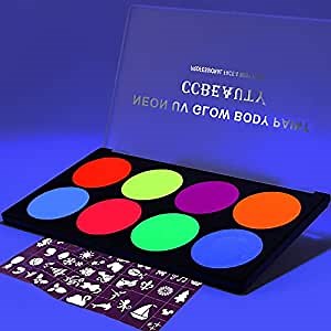 CCbeauty UV Glow in the Dark Face Paint，Water Activated Neon Face Body Paint Palette，Black Light Face Painting Kit with 4 Face Paint Stencils for Halloween Makeup, Non-Toxic Face Paint SFX Makeup Palette