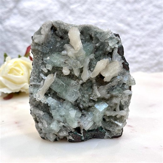 Green Apophyllite With White Stilbite – Natural Zeolite Crystal Cluster, Raw Healing Stone - Etsy