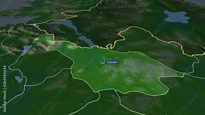 Cavan - county of Ireland with its capital zoomed on the physical map of the globe. Animation 3D
