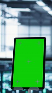 Vertical Close up of mockup tablet and data center engineers developing disaster recovery plans. Focus on isolated screen device in front of server farm colleagues testing failover scenarios, camera B