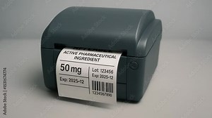Label printer producing active pharmaceutical ingredient label with dosage and expiration details for pharmaceutical packaging and quality control in clinical and laboratory settings