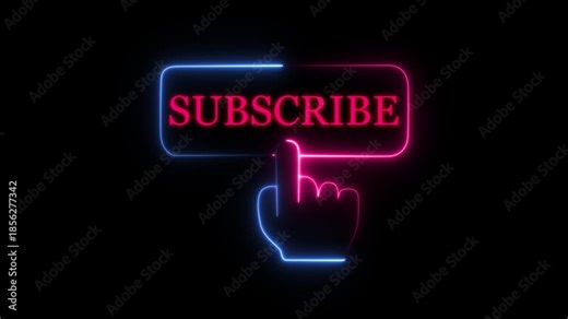 Neon subscribe button with a hand cursor pointing to it on black background.4K video