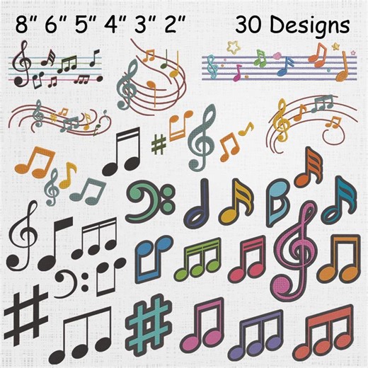 Music Notes Embroidery Set - Musician Lover Machine Embroidery - Colorful Music Symbols Pattern - 30 Designs 6 Sizes - Etsy