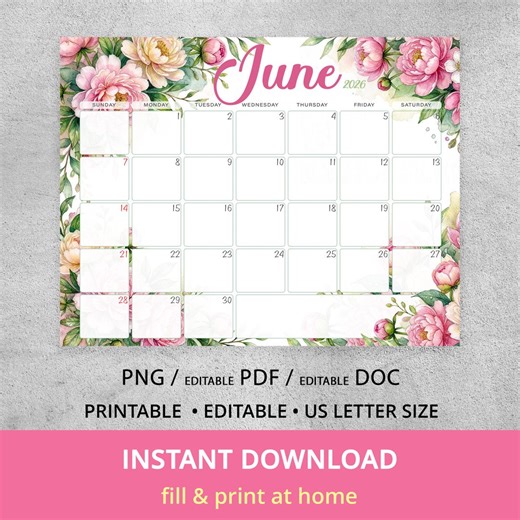 June 2026 Calendar, Editable Floral Monthly Planner, Printable Watercolor Peony PDF, DOC, PNG - Etsy