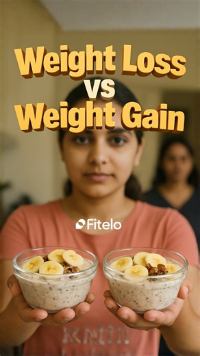 Fitelo | Customized Diet Plans on Instagram: "🌾🥣 One Oats Recipe… Two Completely Different Results! Comment YES for customised diet plan details ✨ The same ingredients can help with fat loss or healthy weight gain -the only difference is in the quantities. 💡⚖️ Weight Loss Oats (≈210 kcal) 🥗🔥: • 30 g rolled oats • 150 ml low-fat milk 🥛 • ½ banana 🍌 • ½ apple (chopped) 🍎 • 1 tsp chia seeds • A pinch of cinnamon ✨ • 1 tsp honey 🍯 Weight Gain Oats (≈510 kcal) 💪🍽️: • 50 g rolled oats • 200