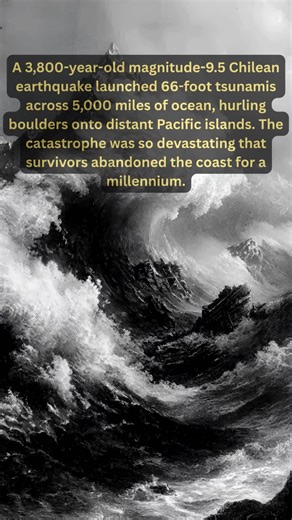 Around 3,800 years ago, a magnitude-9.5 megaquake struck northern Chile's coast, creating the largest earthquake known in human history. The rupture extended roughly 620 miles along the fault line—longer than the devastating 1960 Valdivia earthquake—and generated tsunamis with waves reaching 66 feet that traveled 5,000 miles across the Pacific Ocean to New Zealand. Archaeologists discovered marine deposits, boulders, shells, and sea life displaced far inland in the Atacama Desert, along with top
