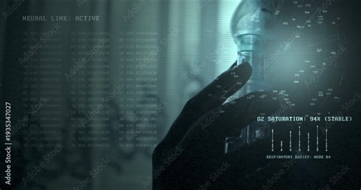 Backlit figure using oxygen mask with advanced AI bio data display interface. Ideal for artificial intelligence diagnostics and next generation medical systems.