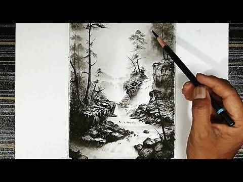 Waterfall nature landscape scenery drawing with pencil step by step.