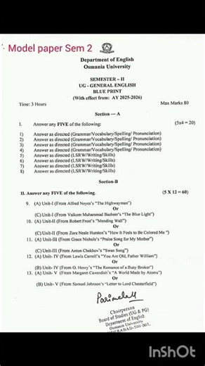OU UG ENGLISH Sem 2 Model paper