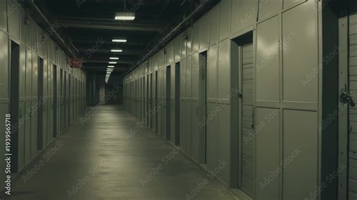 Rows of individual storage units lining a long, dark corridor in an indoor self storage facility, creating a perspective with a sense of isolation and vastness