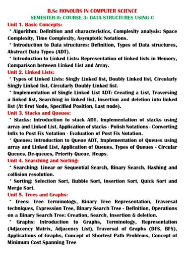 B.Sc Honours Computer Science Semester-II | Data Structures Using C Syllabus