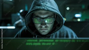 4K footage shows a hacker in a dimly lit room with green code reflecting off their glasses, highlighting the covert and tech-driven nature of cyber hacking and digital security.