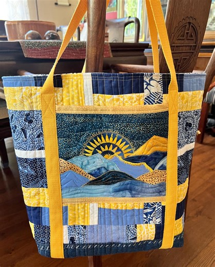 Blue & Yellow Landscape Quilted Tote Bag: Denim Bottom, Art Pocket - Etsy