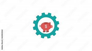 Animated piggy bank with coins moving gears, visualizing the process of working hard and saving