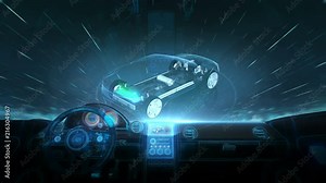 Inside of Future hybrid cars, Rotating Electronic, hybrid, lithium ion battery echo car. charge battery, inside view, eco-friendly future car. 4k movie.1.