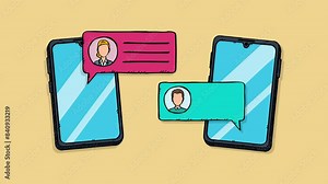 Animation showing a text message conversation between two people. Phones, conversation bubbles and character avatars appear on the screen. Video clip in sketch style. Stock Video